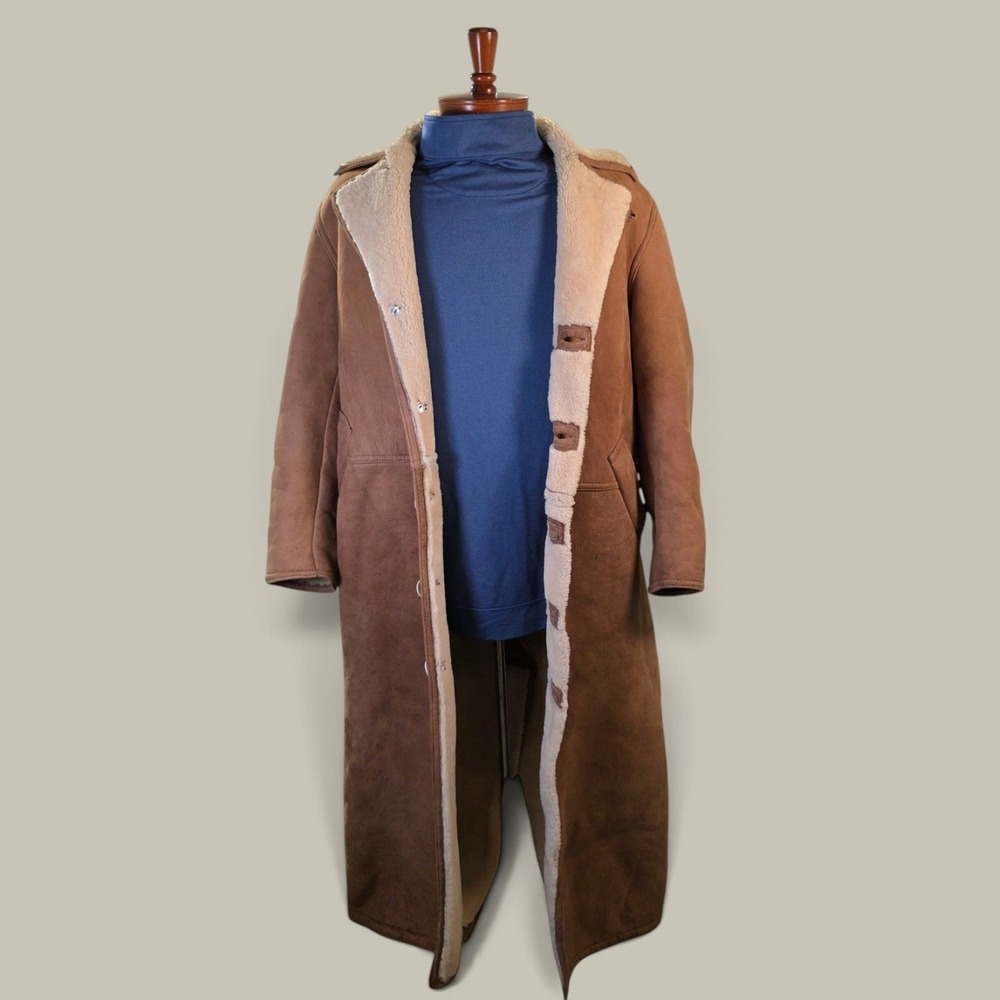 Vintage Handmade Shearling Sheepskin Long Coat Aspen Antler Buttons Unisex S 51